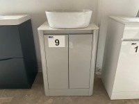 550-WIDE TWO-DOOR GREY GLOSS UNIT WITH CARRARA WORKTOP AND FREESTANDING BASIN