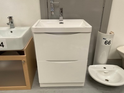 600 FLOOR-STANDING TWO-DRAWER WHITE GLOSS UNIT WITH BASIN AND CHROME TAP