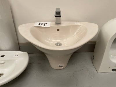 730-WIDE ONE-PIECE CERAMIC SEMI-PEDESTAL, DESIGNER-SHAPED WITH CHROME TAP