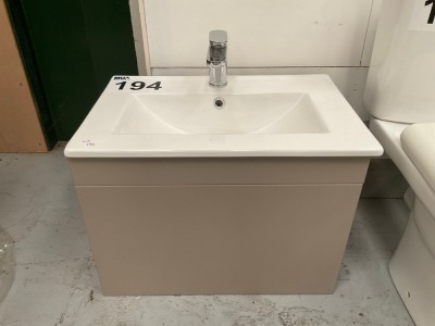 600 WALL MOUNTED STONE GREY SINGLE DRAWER UNIT + BASIN + TAP