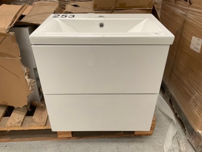 600 WALL-MOUNTED TWO-DRAWER WHITE GLOSS UNIT WITH BASIN, PLUS 2 ADDITIONAL SPARE PARTS IN BOXES INCLUDED
