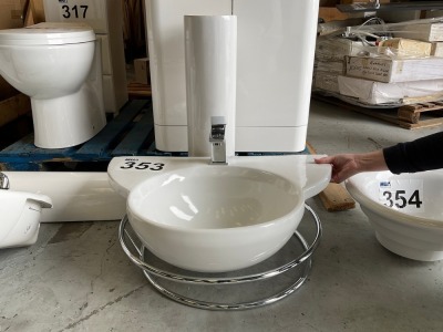 WALL-MOUNTED BASIN WITH LEDGE, CHROME SURROUND, AND FULL PEDESTAL