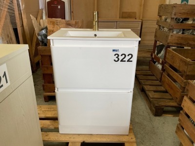 600 FLOOR STANDING 2 DRAWER WHITE GLOSS HANDLELESS UNIT AND BASIN (SLIGHT DAMAGE TO RIGHT-HAND SIDE OF DRAWERS)
