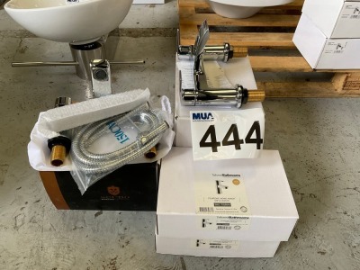 2x PEMBROKE CHROME MONO BASIN MIXERS WITH WASTES, 1x BATH FILLER, 1x BATH SHOWER MIXER IN CHROME