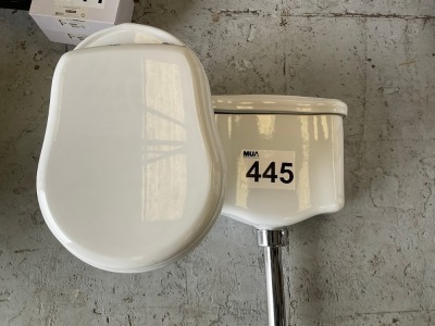 LOW LEVEL TOILET WITH PAN, CISTERN, SEAT, AND CHROME PIPEWORK