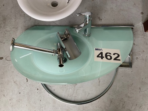 GLASS BASIN WITH LEDGE INCLUDING TAP, BOTTLE TRAP, AND CHROME SURROUND FRAME