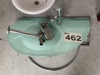 GLASS BASIN WITH LEDGE INCLUDING TAP, BOTTLE TRAP, AND CHROME SURROUND FRAME