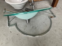 GLASS BASIN WITH LEDGE INCLUDING TAP, BOTTLE TRAP, AND CHROME SURROUND FRAME - 2