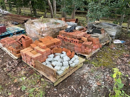 7No. PALLETS OF ASSORTED BRICKS, BLOCKS, SLATES, RIDGE TILES, CHIMNEY FLUES ETC