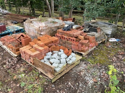 7No. PALLETS OF ASSORTED BRICKS, BLOCKS, SLATES, RIDGE TILES, CHIMNEY FLUES ETC