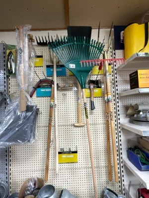 2No. UNUSED PITCH FORKS, 4No. SHOVELS, 2No. RAKES, AXE, PRUNING SAW & BULL HOOK