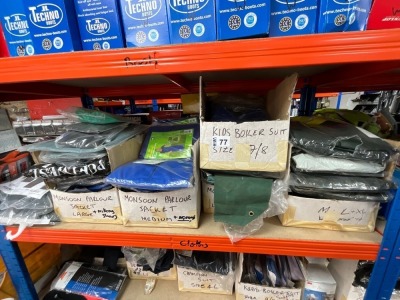 SHELF LOT TO INC. ASSORTED UNUSED BOILER SUITS, PARLOUR JACKETS, KIDS BOILER SUITS