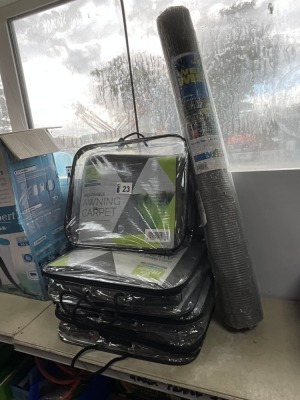 4No. UNUSED BREATHABLE AWNING CARPETS & ROLL OF MINI MESH