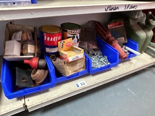SHELF LOT OF ASSORTED TRACTOR PARTS & BOLTS