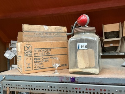 BUTTER CHURN & ASSORTED SHERRY GLASSES
