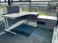 1600 RIGHT HAND CORNER DESK, 2No. PEDESTALS & WOODEN TWO DOOR STORAGE CUPBOARD