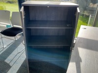 1600 RIGHT HAND CORNER DESK, 2No. PEDESTALS & WOODEN TWO DOOR STORAGE CUPBOARD - 8