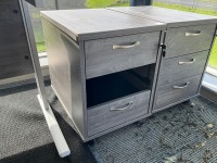 1600 RIGHT HAND CORNER DESK, 2No. PEDESTALS & WOODEN TWO DOOR STORAGE CUPBOARD - 10