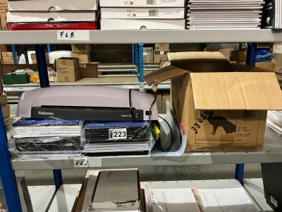 SHELF LOT OF UNUSED ASSORTED OFFICE SUPPLIES & FELLOWES LUNAR A3 LAMINATOR