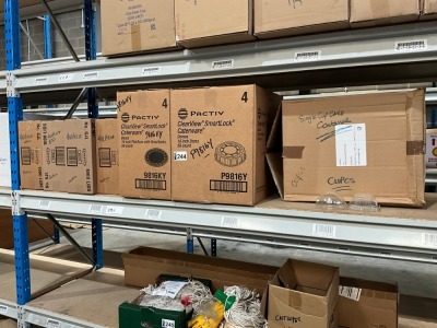 SHELF LOT OF UNUSED ASSORTED CATERING DISPOSABLES INC. SINGLE CUPCAKE CONTAINERS, 16" FLAT BASES & 16oz DOMES