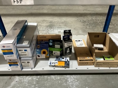 SHELF LOT OF UNUSED ASSORTED PRINTER INK & TONER CARTRIDGES
