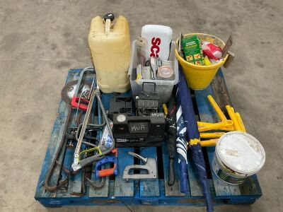 LUCKY DIP PALLET TO INC. 12v COMPRESSOR, PART JAR OF CONCRETE SEALER, MANHOLE STEPS, UMBRELLAS, & ASSORTED HAND TOOLS