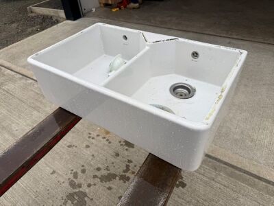 WHITE CERAMIC DOUBLE BASIN KITCHEN SINK 