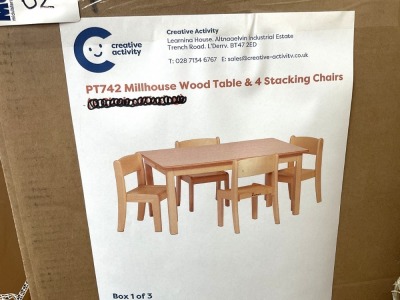 UNUSED MILLHOUSE SMALL RECTANGULAR TABLE + 4No. BEECH STACKING CHAIRS PRODUCT CODE: PT742 - FLATPACKED