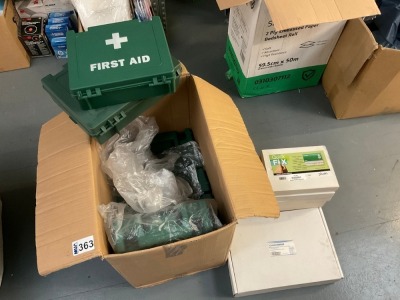 8No. UNUSED FIRST AID CASES EMPTY, 7No. ELASTIC PLASTIC DISPENSERS & AEROWASH EYEWASH STATION