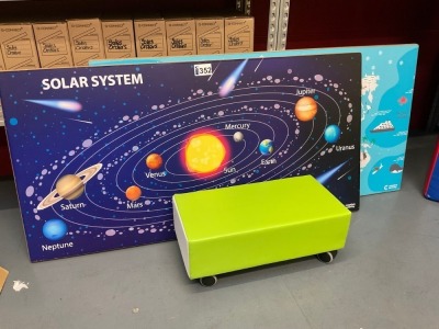 2No. 1200x600 EDUCATION BOARDS & UNUSED SMALL STOOL