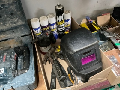BOX LOT TO INC. ASSORTED HAMMERS, BLOW TORCH, SPANNERS, WELDING MASK & EXPANDING FOAM