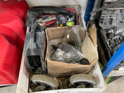 PLASTIC CRATE TO INC. 240v EXTENSION LEAD, CASTOR WHEELS, STAPLES, ASSORTED TOOLS