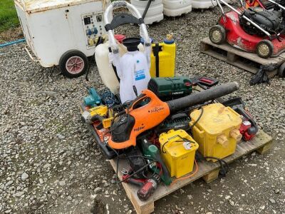 PALLET TO INC ASSORTED POWER TOOLS, SPRAYERS, POWER WASHER, CHAINSAW, CABLE DETECTOR ETC