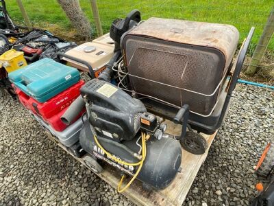 PALLET TO INC. ASSORTED POWER TOOLS, GENERATOR, INFRASUN HEATER, COMPRESSOR