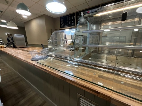 APPROX. 7M COUNTER RUN WITH DROP-IN REFRIGERATED DISPLAY, TWO POT BAIN MARIE & 3 TIER COUNTERTOP FOOD DISPLAY