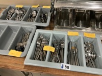 LARGE QUANTITY OF CUTLERY & 3No. CUTLERY TRAYS INC. APPROX 80No. SOUP SPOONS, 35No. DESSERT SPOONS, 80No. FORKS, 19No. KNIVES & 28No. TEASPOONS