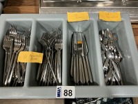 LARGE QUANTITY OF CUTLERY & 3No. CUTLERY TRAYS INC. APPROX 80No. SOUP SPOONS, 35No. DESSERT SPOONS, 80No. FORKS, 19No. KNIVES & 28No. TEASPOONS - 3