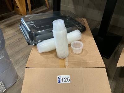 APPROX. 11No. UNUSED LARGE RECTANGLE SANDWICH PLATTER TRAYS WITH LIDS & SMALL QUANTITY OF DISPOSABLE SAUCE POTS WITH LIDS