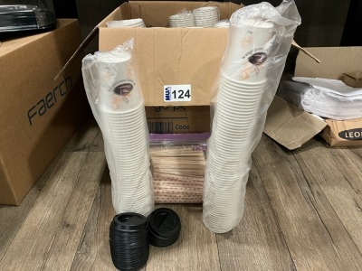 QUANTITY OF UNUSED 8oz SINGLE WALL COFFEE CUPS , LIDS & WOODEN STIRRERS
