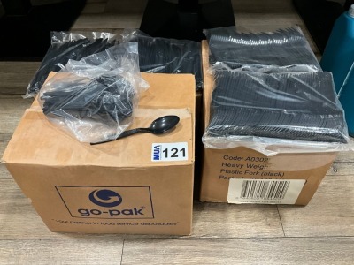QUANTITY OF UNUSED BLACK HEAVY DUTY PLASTIC CUTLERY INC. APPROX. 200No. FORKS, 200No. KNIVES & 600No. SPOONS