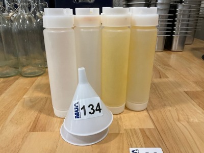 APPROX. 8No. UPSIDE DOWN PLASTIC SQUEEZE CONDIMENT BOTTLES & 2No. FILLERS