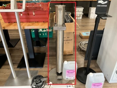 FREESTANDING UPRIGHT FOOT PEDAL SANITISER STATION & 1No. UNUSED 5Ltr ALCOGEL HAND SANITISER