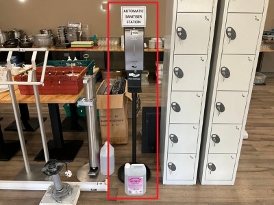 FREESTANDING UPRIGHT AUTOMATIC SANITISER STATION & 1No. UNUSED 5Ltr ALCOGEL HAND SANITISER