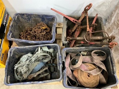 PALLET OF ASSORTED CHAINS, TIGHTNERS, RATCHETTS & STRAPS