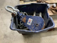 PLASTIC CRATE TO INC. PULLEY BLOCK, CHAINS, LARGE SHACKLES, ETC