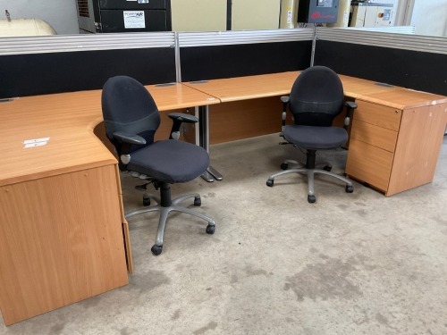 TWO PERSON BENCH DESK INC. 2No. DESKS, 2No. PEDESTALS, 2No. Operator Chairs, 4No. Privacy Screens