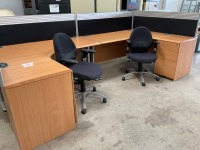 TWO PERSON BENCH DESK INC. 2No. DESKS, 2No. PEDESTALS, 2No. Operator Chairs, 4No. Privacy Screens - 13