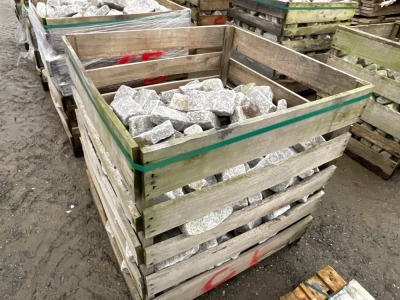 LARGE WOODEN CRATE TO INC. SILVER GRANITE TUMBLED COBBLES 100mm x 200mm