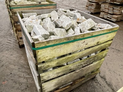 LARGE WOODEN CRATE TO INC. SILVER GRANITE TUMBLED COBBLES 100mm x 200mm