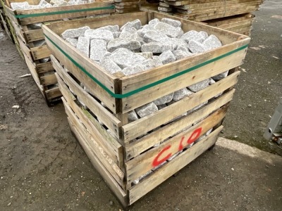 LARGE WOODEN CRATE TO INC. SILVER GRANITE TUMBLED COBBLES 100mm x 200mm